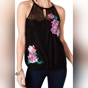 INC International Concepts Black Lace Halter Embroidered Floral NWOT Medium